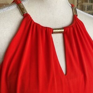 Premise Deep Orange with Gold Embellishments Halter High Neck Top Banded Waist